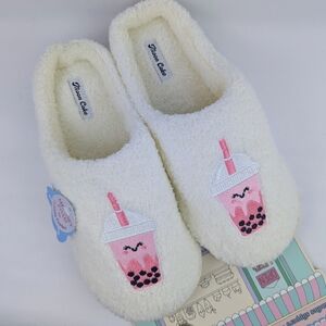 Bubble Tea Slippers & Keyfob Fleece Embroider Memory Foam Slip On Ivory L (9/10)